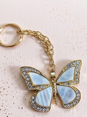 White & Gold Rhinestone Butterfly Keychain Iridescent Charm